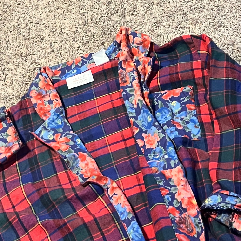 Today Tonight Womens Plaid Floral Trim Robe Red Blue Cotton Wrap Belted Medium